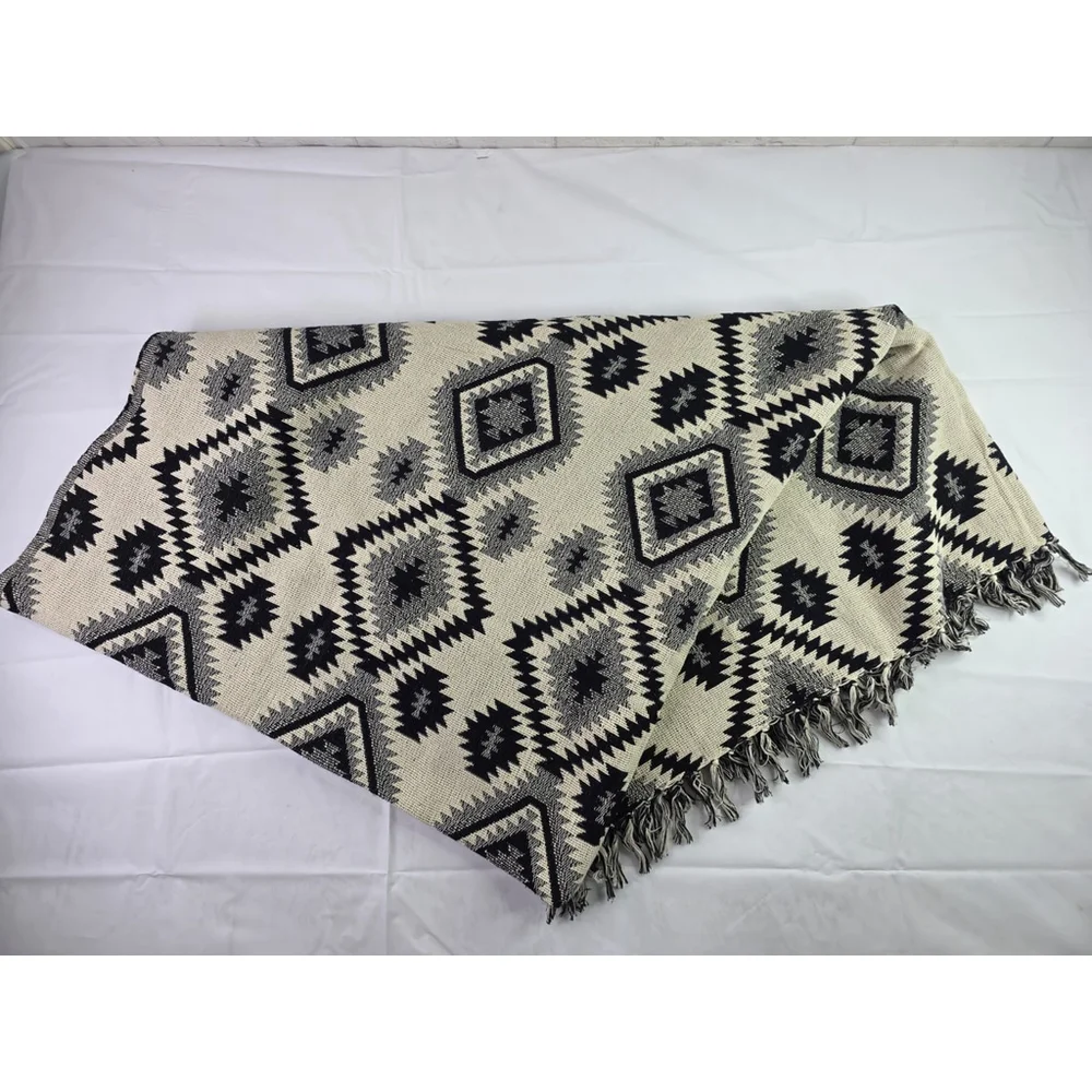 Aztec Western Reversible Throw Blanket With Fringe 50 X 70 Black/ Oatmeal